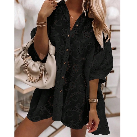 Boho Eyelet Puff Sleeve Button Down Shirt Dress - Picture 1 of 8